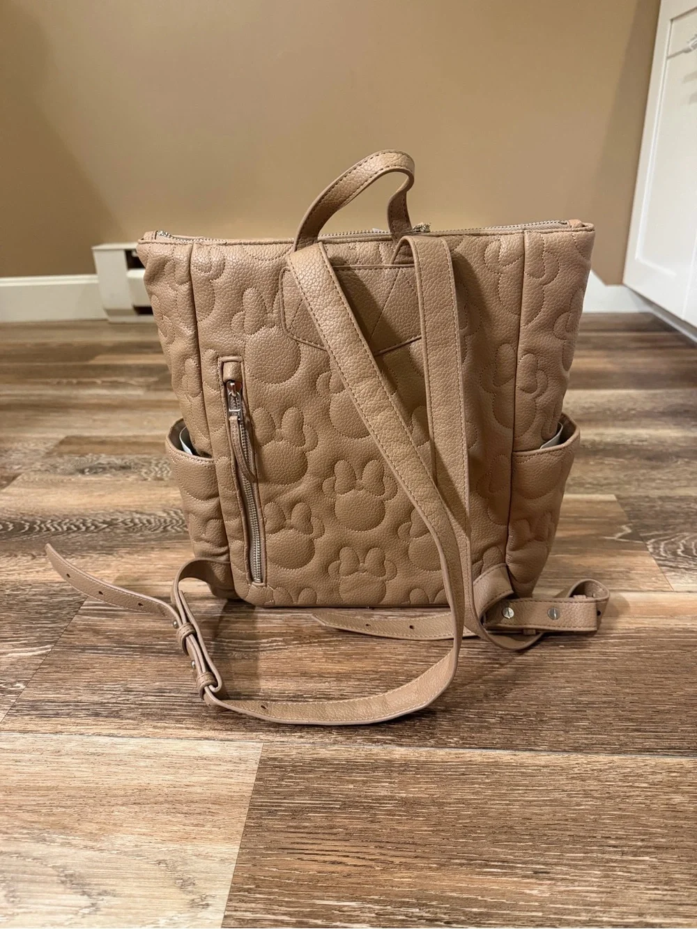 Disney Baby Quilted Tan Mickey Paw Convertible Diaper Backpack Tote